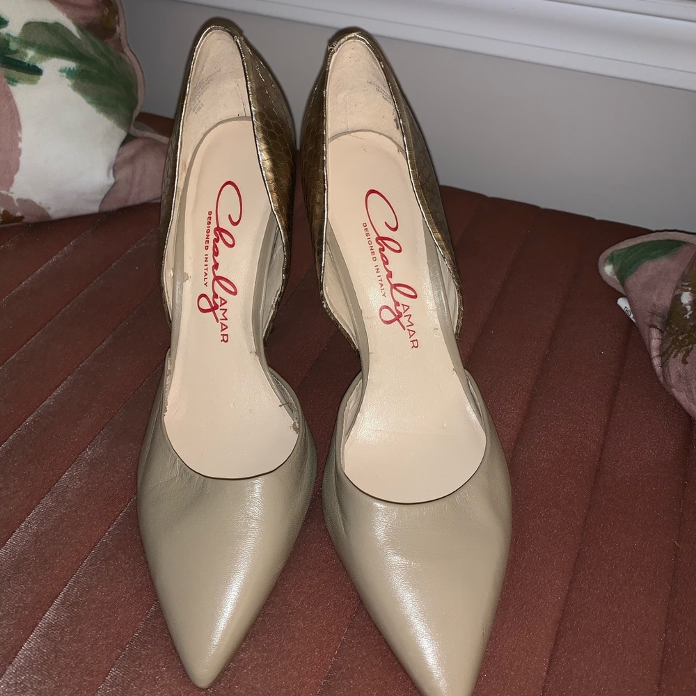 Tan and gold point toe pumps